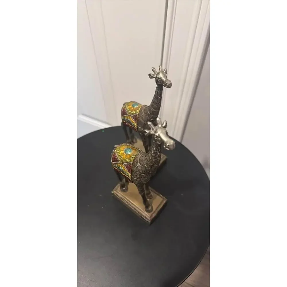 Modern Lightweight Bronze Patina Giraffe Statues Jeweled Saddles Set of 2